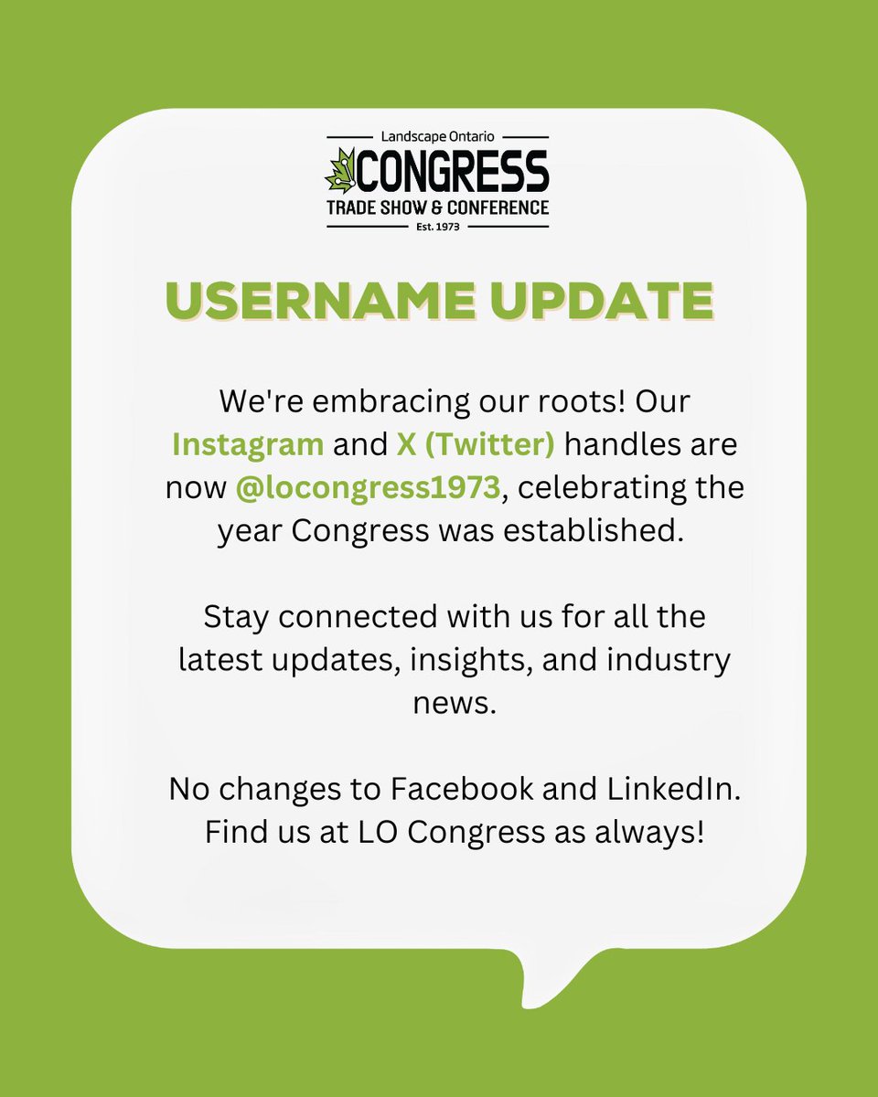 New handle, same great Congress! 🎉 Connect with us on Instagram &amp; X (Twitter) at @locongress1973  — honouring our roots since 1973! 🌿✨ #LOCongress #Since1973 #LandscapeOntario
