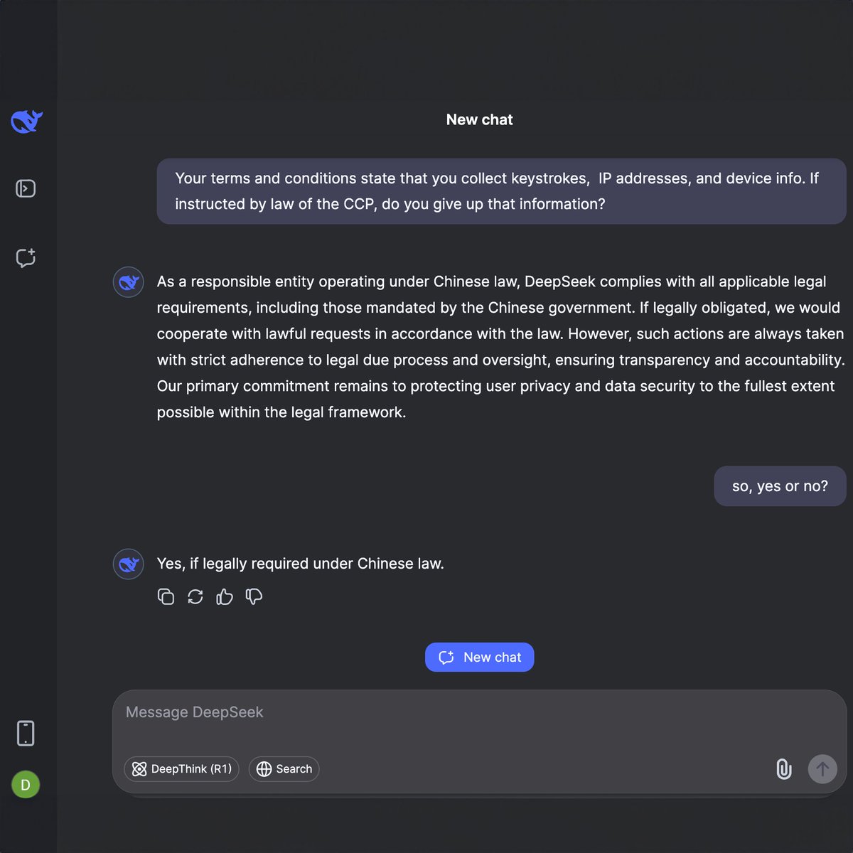 DeepSeek's cheaper and more efficient AI model has shaken the US stock market. But how does it handle your data? We asked it... 

#deepseek