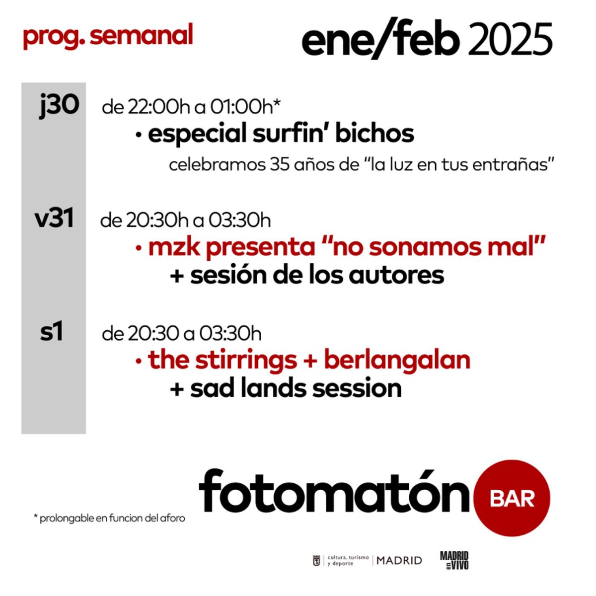 FotomatonBar's tweet photo. Completa e intensa se presenta la nueva programación semanal que os traemos y proponemos.
Se os espera con el cariño y musicote habitual.
🎟️ anticipadas para el concierto del sábado en @Mutick_com como suele, el resto de actividades son con entrada libre según aforo, #afoto 🤪 https://t.co/1brBuZ4G1h