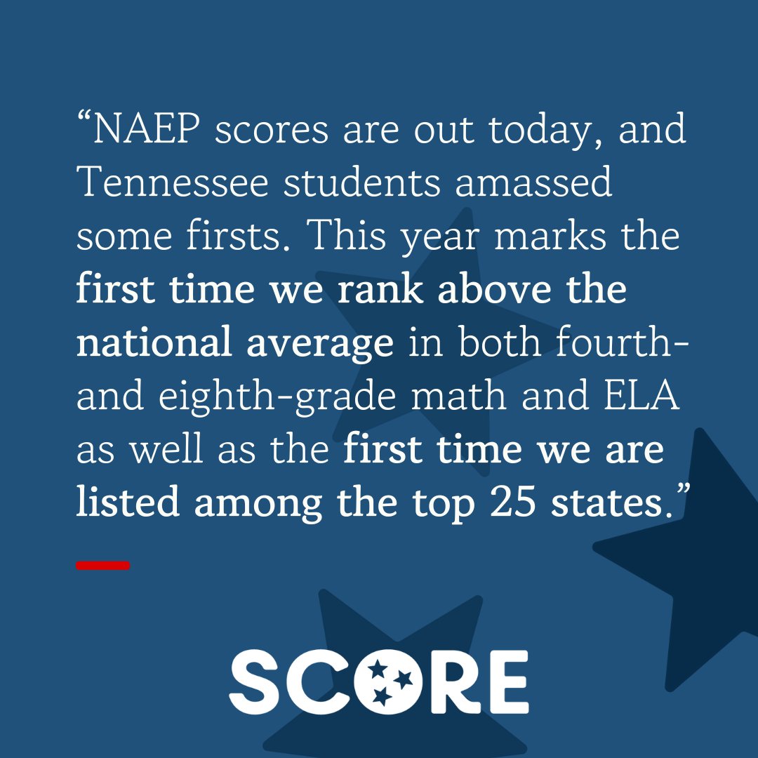 SCORE (@score_tn) on Twitter photo The Nation’s Report Card from <a href="/NAEP_NCES/">NAEP, The Nation's Report Card</a> shows that TN students amassed some “firsts.” For the first time, we rank above the national average in both fourth- and eighth-grade math & ELA & are listed among the top 25 states. We are outpacing the nation in math & ELA proficiency The Nation’s Report Card from <a href="/NAEP_NCES/">NAEP, The Nation's Report Card</a> shows that TN students amassed some “firsts.” For the first time, we rank above the national average in both fourth- and eighth-grade math & ELA & are listed among the top 25 states. We are outpacing the nation in math & ELA proficiency