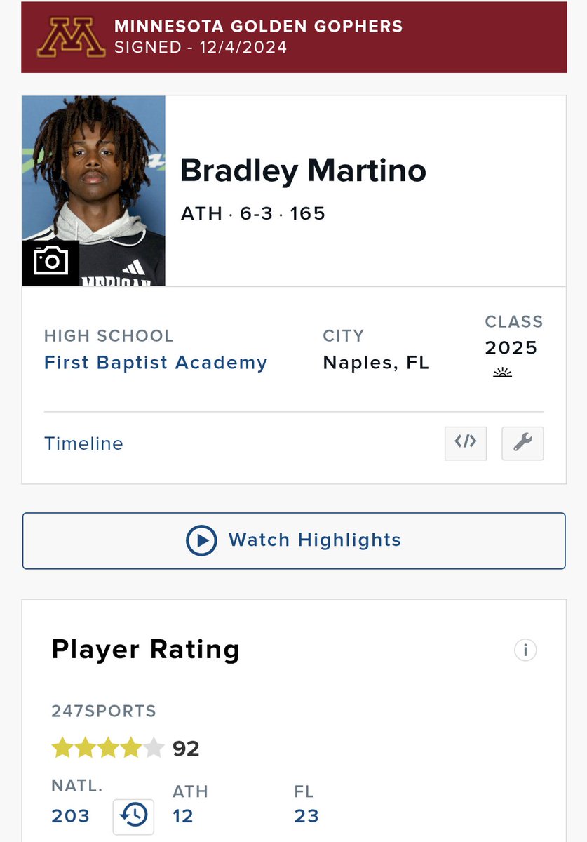 Ryan Burns (@ryanburnsmn) on Twitter photo Following his performance at the Navy All-American game, #Gophers wide receiver signee <a href="/BradleyMartino1/">Bradley Martino 4 ⭐️ ATH</a> is now a four-star and in the top247.
Profile: 247sports.com/player/bradley… Following his performance at the Navy All-American game, #Gophers wide receiver signee <a href="/BradleyMartino1/">Bradley Martino 4 ⭐️ ATH</a> is now a four-star and in the top247.
Profile: 247sports.com/player/bradley…