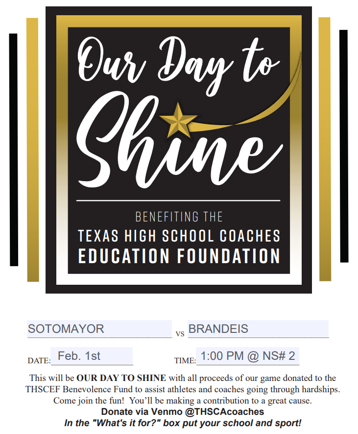 SOTOMAYOR WILDCAT BASEBALL (@sotocatbaseball) on Twitter photo Sotomayor and Brandeis Baseball will be participating in OUR DAY TO SHINE with donations from our scrimmage to the THSCEF Benevolence Fund to assist athletes and coaches going through hardships. <a href="/THSCAcoaches/">THSCA</a> <a href="/NISD_Athletics/">NISD_Athletics</a> <a href="/Coach_MOrales/">Juan Morales</a> <a href="/Coach_KLewis/">Kemmie Lewis</a> <a href="/BroncoHardball/">Brandeis HS Baseball</a> Sotomayor and Brandeis Baseball will be participating in OUR DAY TO SHINE with donations from our scrimmage to the THSCEF Benevolence Fund to assist athletes and coaches going through hardships. <a href="/THSCAcoaches/">THSCA</a> <a href="/NISD_Athletics/">NISD_Athletics</a> <a href="/Coach_MOrales/">Juan Morales</a> <a href="/Coach_KLewis/">Kemmie Lewis</a> <a href="/BroncoHardball/">Brandeis HS Baseball</a>