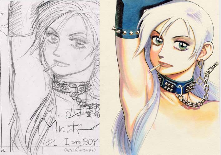ちなみに、よほど気心の知れた担当さんでない限り私がどんな絵を描こうとしてるか「○に×」の絵ではわからないと思うのでこれくらいは絵コンテに描き込んでました(できないことを他人に臨むのは望む方がバカなので)(画像は女装囮捜査官『Mr.ボーイ』2002年) 