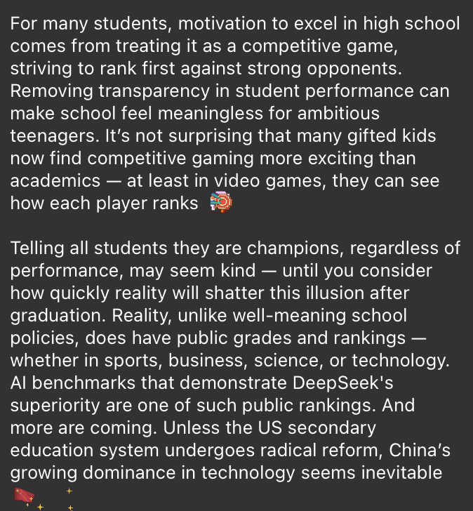 Telegram founder Pavel Durov says China’s rise in AI, shown by DeepSeek’s success, stems from its Soviet-style education system, which fosters fierce competition—unlike Western schools that hide grades to protect feelings. “Eliminate the losers, and you eliminate the winners.”