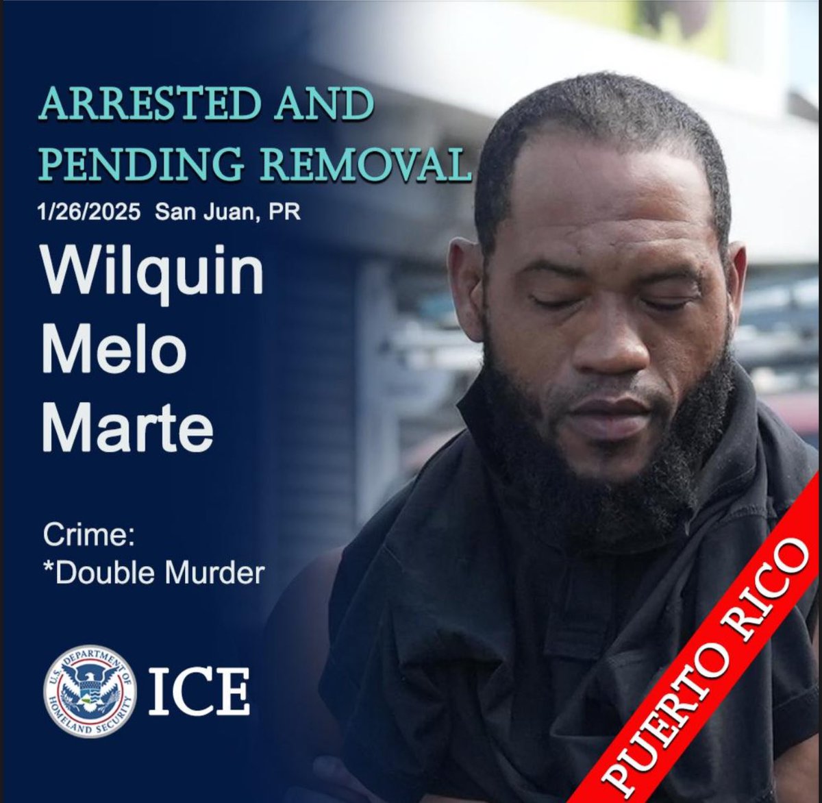 ICE arresta en PR a uno de los más buscados en República Dominicana.
 
Wilquin Melo Marte, un hombre de nacionalidad dominicana de 37 años buscado por un doble asesinato en la República Dominicana, fue detenido el domingo en un operativo en Barrio Obrero.