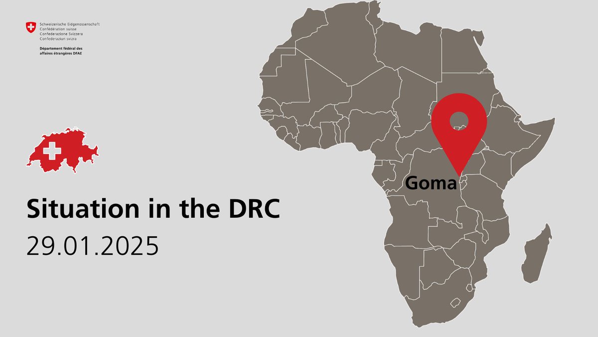 #DRC | #Switzerland strongly condemns the attack on #Goma by the M23, supported by #Rwanda, and calls for respect of the sovereignty and territorial integrity of the 🇨🇩

Full statement ➡️bit.ly/3PXgZTc
