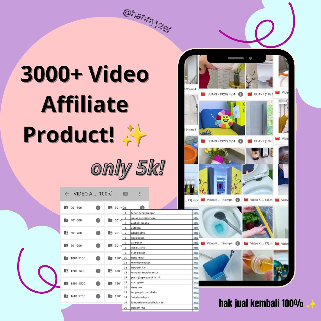 hannyyzel's tweet photo. yukk yang mau freelance affiliate tanpa ribet ngedit video segala macem, nih aku punya 3000+ video affiliate cuma 5K ajaa 💥 dan kalian juga bisa masuk group tele yang selalu update video baru loh 😍 yuk langsung cek aja! #zonauang 
https://t.co/GYVJKk4kpG https://t.co/VxMO2OcQLY