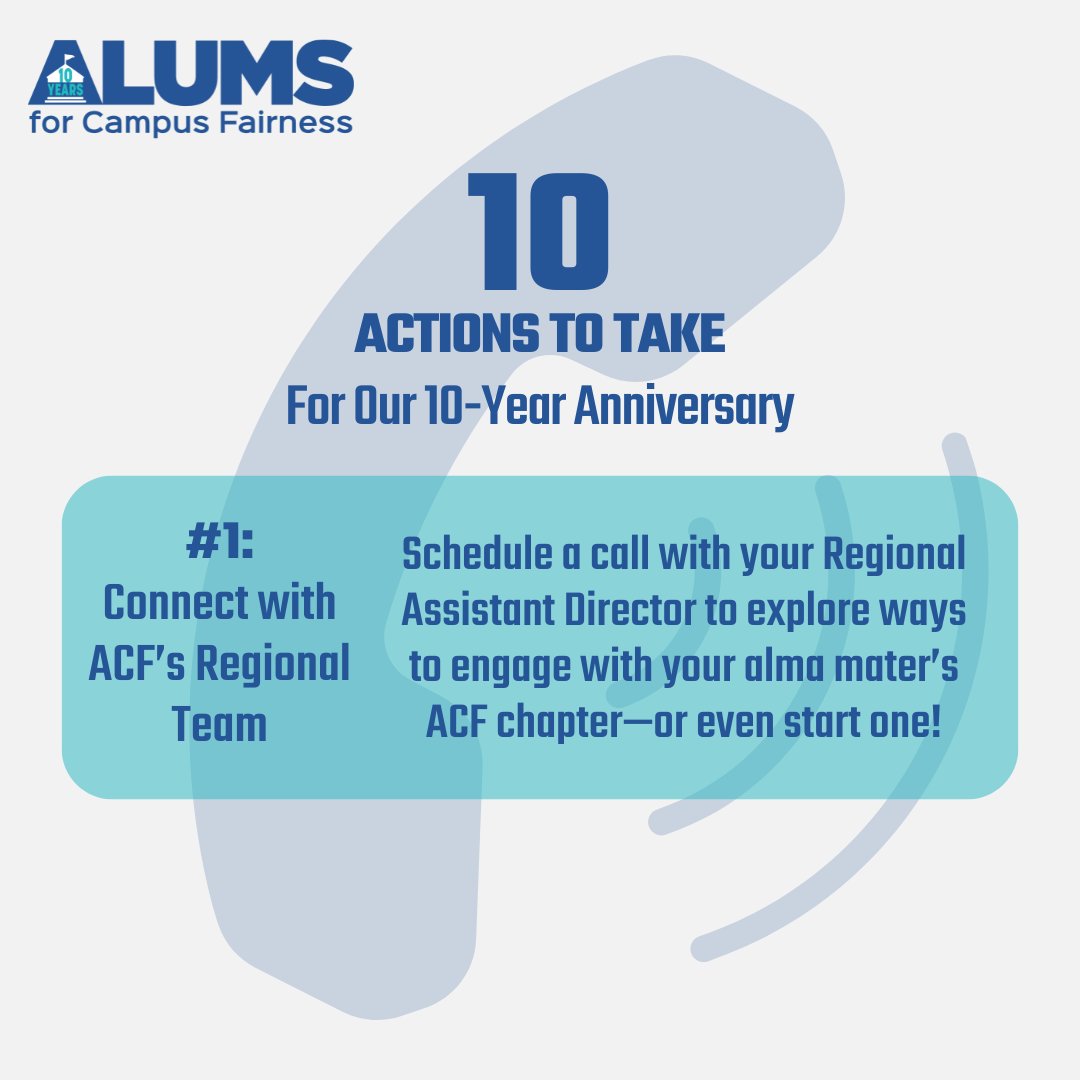 CampusFairness's tweet image. ACF is turning 10, and we’re marking the milestone with 10 ways to get involved!
Connect with your Regional Assistant Director to support your alma mater’s ACF chapter or start a new one. Looking to make an impact? Email info@campusfairness.com.