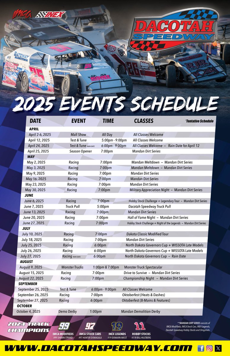 STOP YOUR SCROLL... our 2025 Events Schedule is here!
 
Save the dates and join us at the track this summer!
#DacotahSpeedway #BismarckMandan #DirtTrackRacing #DirtTrackLife #NDracing #IMCAracing #INEXracing #IMCAmodifieds #IMCAstockcars #INEXlegends #HobbyStocks