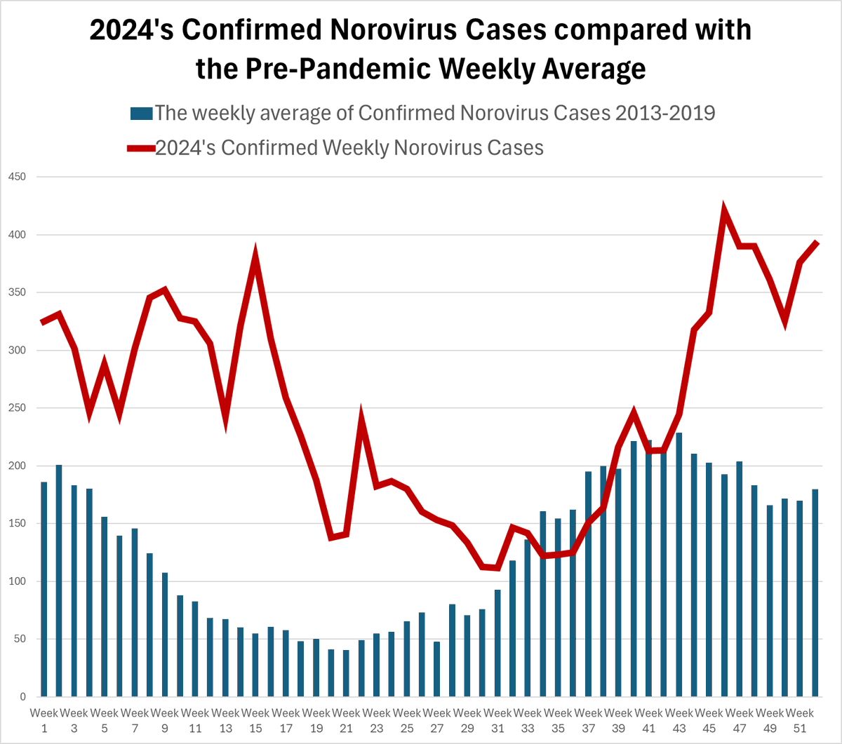 1goodtern's tweet photo. 🚨It is just stunning to see how much sicker people here are right now compared with before Covid arrived.
This is the number of Norovirus cases each week in 2024 compared with the pre-pandemic weekly average. https://t.co/R4nSTEpL0A