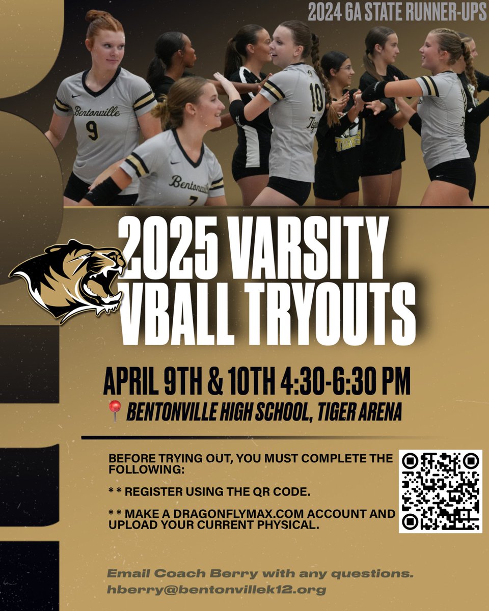 📣 2025 Varsity Volleyball Tryouts 🏐🐯

Calling all upcoming 10th-12th grade BHS Volleyball Players! 
📍 Location: Tiger Arena
📅 Dates: April 9th &amp; 10th
⏰ Time: 4:30-6:30 PM

⚠️ Important:
All athletes must have an updated physical uploaded to Dragonfly to participate.