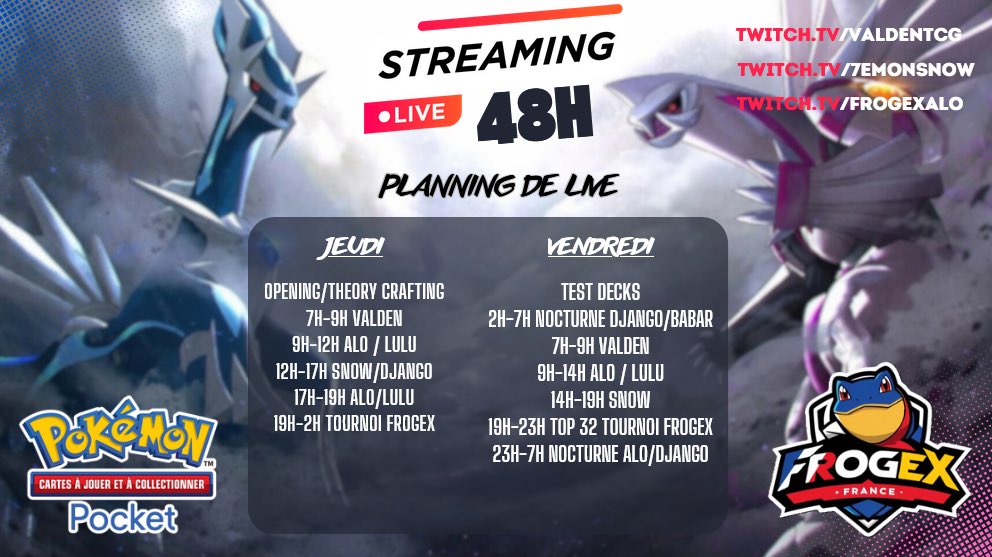 FrogEX (@frogex_team) on Twitter photo Voici le planning détaillé de ce marathon 48h !
Retrouvez <a href="/FrogEX_Lulu/">Lucie 🐸</a> <a href="/valdengaming/">Valden</a> <a href="/justbelikesnow/">🐸EX | SnOw 👑</a> <a href="/DjFrogex/">🐸EX | DjangoLeBlanc</a> @Frogex_Alo et d’autres membres de l’équipe pour d’autres surprises :) Voici le planning détaillé de ce marathon 48h !
Retrouvez <a href="/FrogEX_Lulu/">Lucie 🐸</a> <a href="/valdengaming/">Valden</a> <a href="/justbelikesnow/">🐸EX | SnOw 👑</a> <a href="/DjFrogex/">🐸EX | DjangoLeBlanc</a> @Frogex_Alo et d’autres membres de l’équipe pour d’autres surprises :)