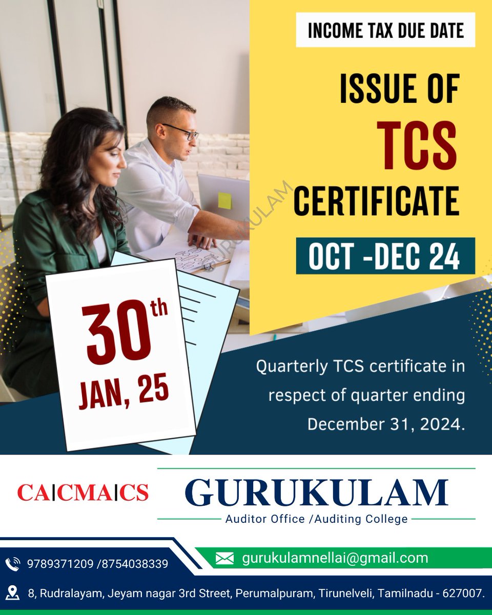 CMA_NELLAIKUMAR's tweet image. Issue of TCS certificate #TCSCertificate
#TaxCollectionAtSource
#IncomeTaxIndia
#TaxCompliance
#BusinessTax
#TCSFiling
#Form27D
#TaxDocumentation
#TCSRegulations
#FinanceAndTax