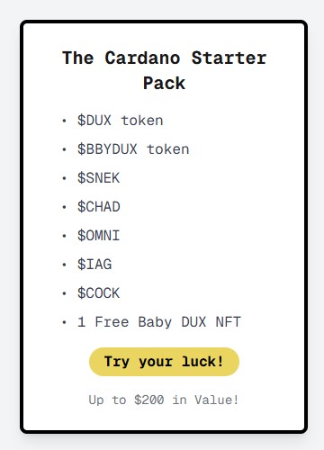 thechosendux's tweet photo. The $DUX LOOT BOX just grew a MASSIVE $COCK

For real. ☑️🐓☑️

Only 8 ADA per play! 🤪

https://t.co/MGL3Tr0aLi 🪙🪙🪙🪙🪙🪙🪙🖼️

Undeniable value with these gems: 

@snek 
@charles_thechad 
@Omen4Omen 
@IagonOfficial 
@CockCoin_ADA 

Try your luck - see for yourself! 🎲🎲