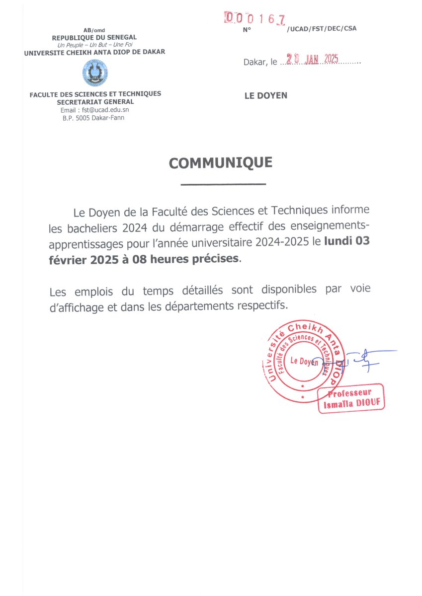Mesdames, Messieurs,
Veuillez recevoir le communiqué relatif au démarrage des enseignements de l'année universitaire 2024-2025.
#UCAD #MES <a href="/followers/">はうはう</a> #compublique Bacheliers 2024