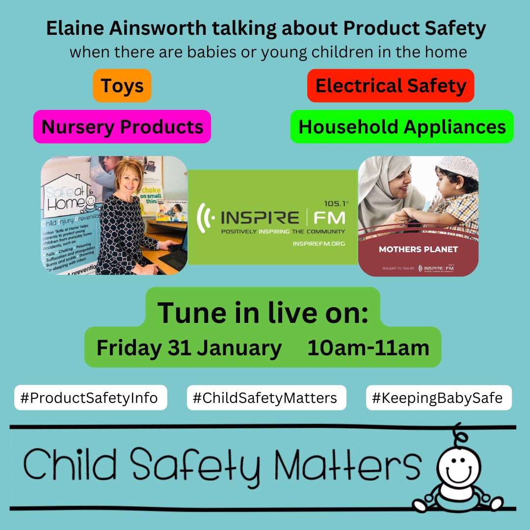 Safe at Home (@safeathomecip) on Twitter photo Consumer Product Safety - Join us on Friday 31 January live <a href="/InspireFMLuton/">Inspire FM</a> with Elaine from <a href="/SafeatHomeCIP/">Safe at Home</a> sharing top tips on products safely in our homes - especially around babies and young children.
inspirefm.org/shows/mothers-…
inspirefm.org
#ProductSafetyInfo Consumer Product Safety - Join us on Friday 31 January live <a href="/InspireFMLuton/">Inspire FM</a> with Elaine from <a href="/SafeatHomeCIP/">Safe at Home</a> sharing top tips on products safely in our homes - especially around babies and young children.
inspirefm.org/shows/mothers-…
inspirefm.org
#ProductSafetyInfo