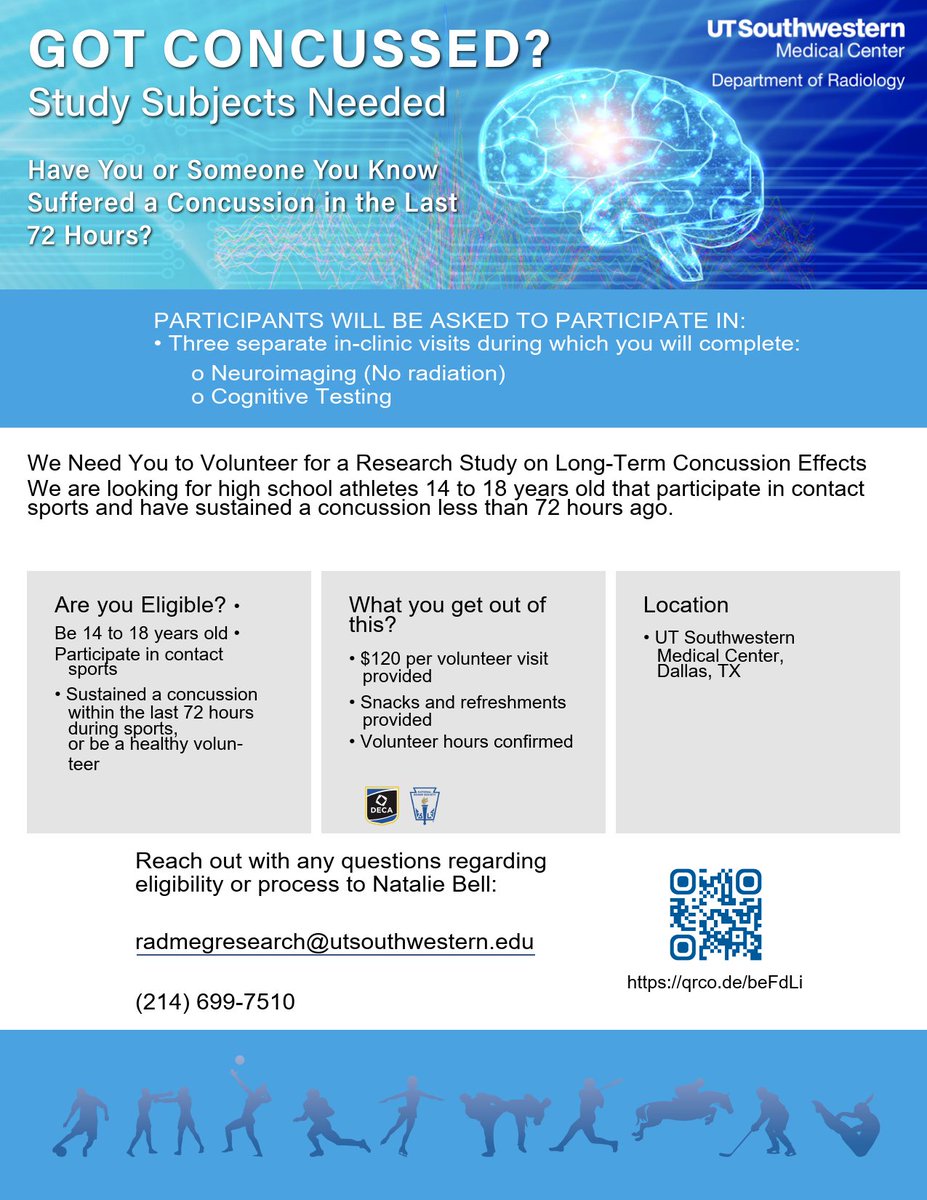 The Longitudinal cOncussion NeuroimaginG (LONG) study is a noninvasive neuroimaging study evaluating the effects of concussion in high school aged children. If you're interested in participating in this study, visit qrco.de/beFdLi <a href="/EMDavenport_PhD/">Elizabeth Davenport, PhD</a> <a href="/natmbell3/">Natalie Bell, PhD</a>