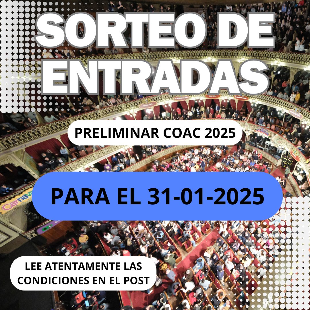 ‼ Gana 2 entradas para el palco de Onda Cádiz #COAC2025P9 #COAC2025
🔔 Para participar:
🔹 Sigue <a href="/OndaCadizTV/">Onda Cádiz</a> en X e Instagram (@ondacadiz)
🔹 RT a la publicación en X y comenta la publicación en Instagram
📣 Anunciaremos el ganador de las 2 entradas el 30-01-2025 en nuestras