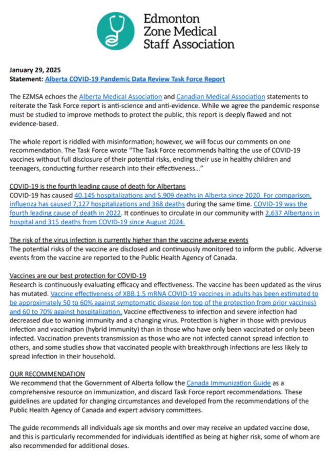 Edmonton Zone Medical Staff Association (@ezmsa2) on Twitter photo Jan 29/25 Statement on <a href="/GoAHealth/">Alberta Health</a>
Alberta COVID-19 Pandemic Data Review Task Force Report
The EZMSA echoes <a href="/Albertadoctors/">Alberta Medical Association (AMA)</a> and <a href="/CMA_Docs/">Canadian Medical Association</a> to reiterate the Task Force report is anti-science and anti-evidence.
We focus our comments on vaccine recommendations in the report: Jan 29/25 Statement on <a href="/GoAHealth/">Alberta Health</a>
Alberta COVID-19 Pandemic Data Review Task Force Report
The EZMSA echoes <a href="/Albertadoctors/">Alberta Medical Association (AMA)</a> and <a href="/CMA_Docs/">Canadian Medical Association</a> to reiterate the Task Force report is anti-science and anti-evidence.
We focus our comments on vaccine recommendations in the report: