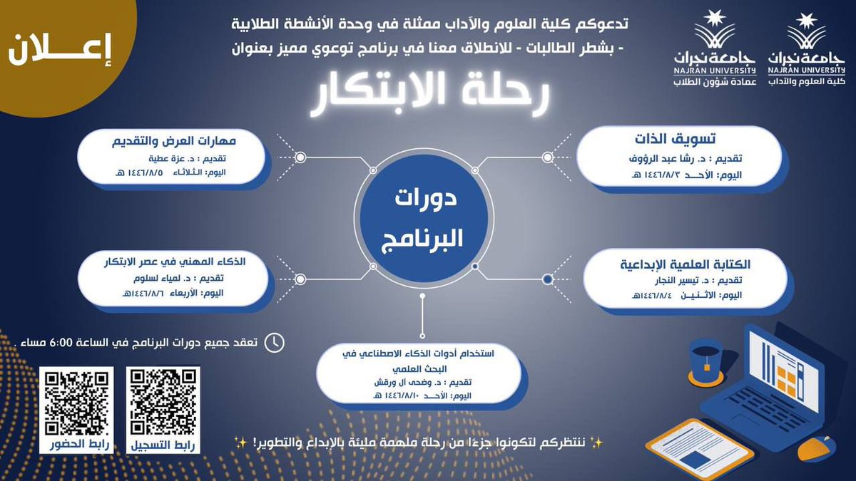 Arts_sciences_'s tweet photo. #إعلان 
كلية العلوم وإلآداب #جامعة_نجران  ممثلة في وحدة الأنشطة الطلابية و بالتعاون مع عمادة شؤون الطلاب تقدم برنامج " رحلة الابتكار " 
🎯 الهدف:
تمكين الطلاب من إطلاق العنان لإبداعاتهم وتطوير مهاراتهم الابتكارية لتحقيق النجاح والتميز.
#كلية_العلوم_والآداب
 #تعليمنا_يحقق_الرؤية https://t.co/79SepGGUCf