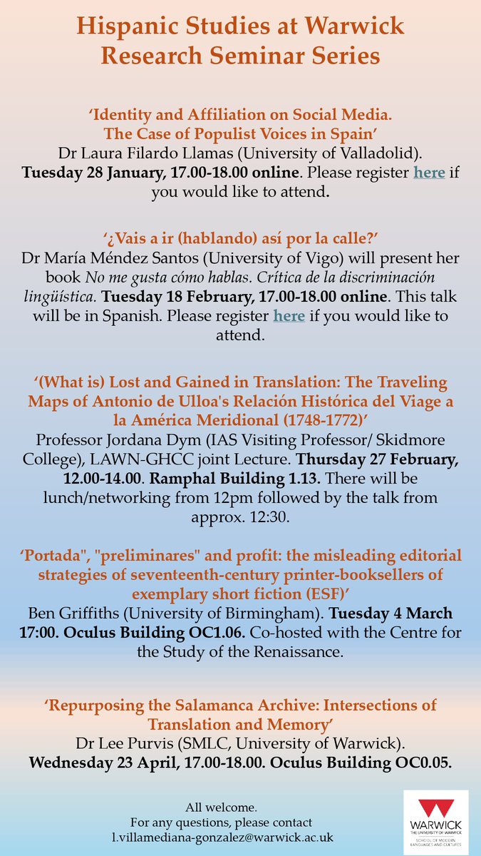 De enero a abril de 2025 tendrán lugar estas interesantes charlas en la Universidad de Warwick (y la mía también jajaj)

Gracias @LVGXVIII por tu excelente trabajo de organización

Aquí para las inscripciones:
warwick.ac.uk/fac/arts/moder…

#Linguistics #Lingüística