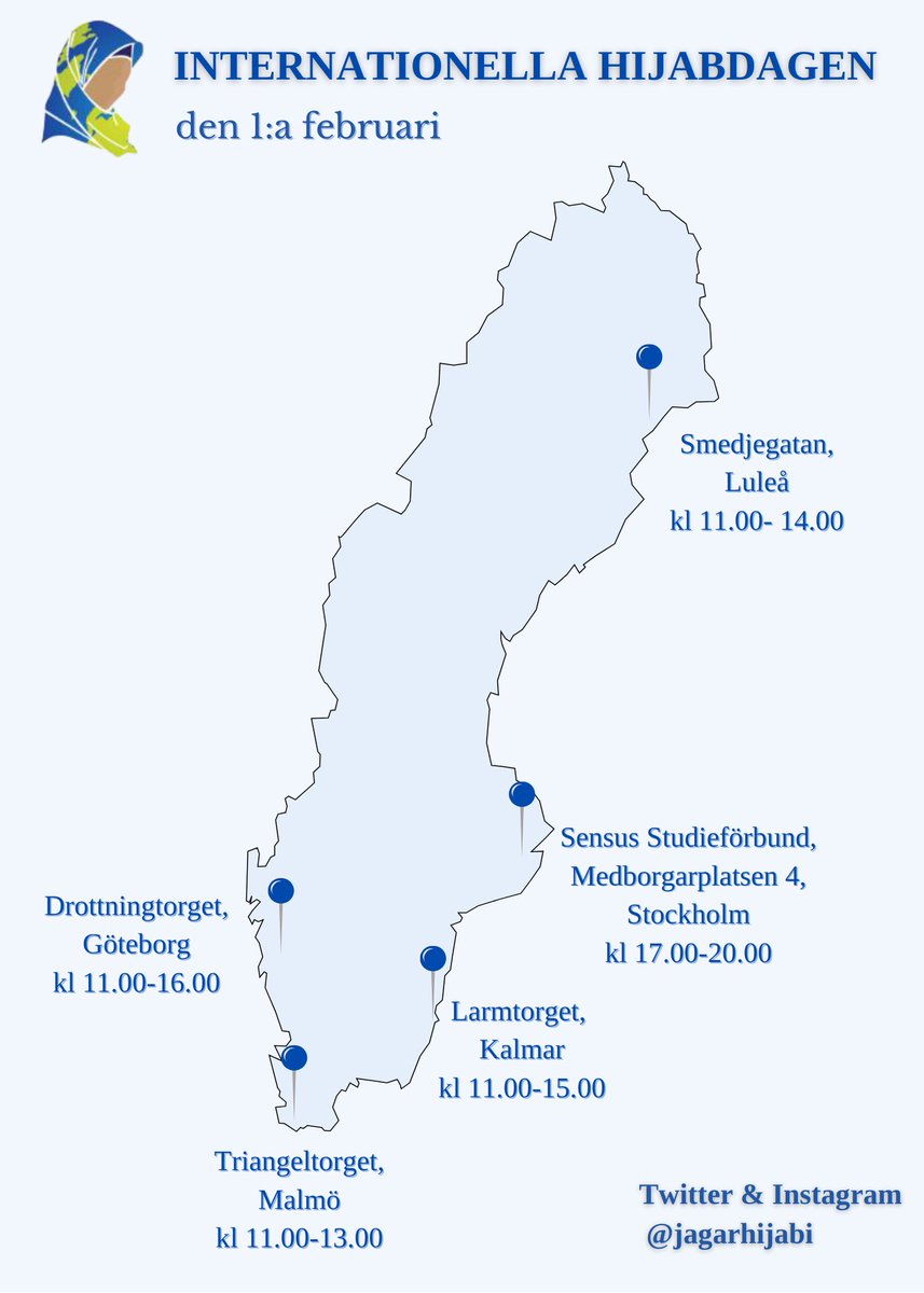 JagArHijabi's tweet image. Endast 3 dagar kvar till internationella Hijabdagen på 1:a februari. Vi välkomnar alla nyfikna att komma och fira denna dag med oss. Kom och ställ era frågor och visa ert stöd på något av våra utställningar runtom i landet! #jagarhijabi