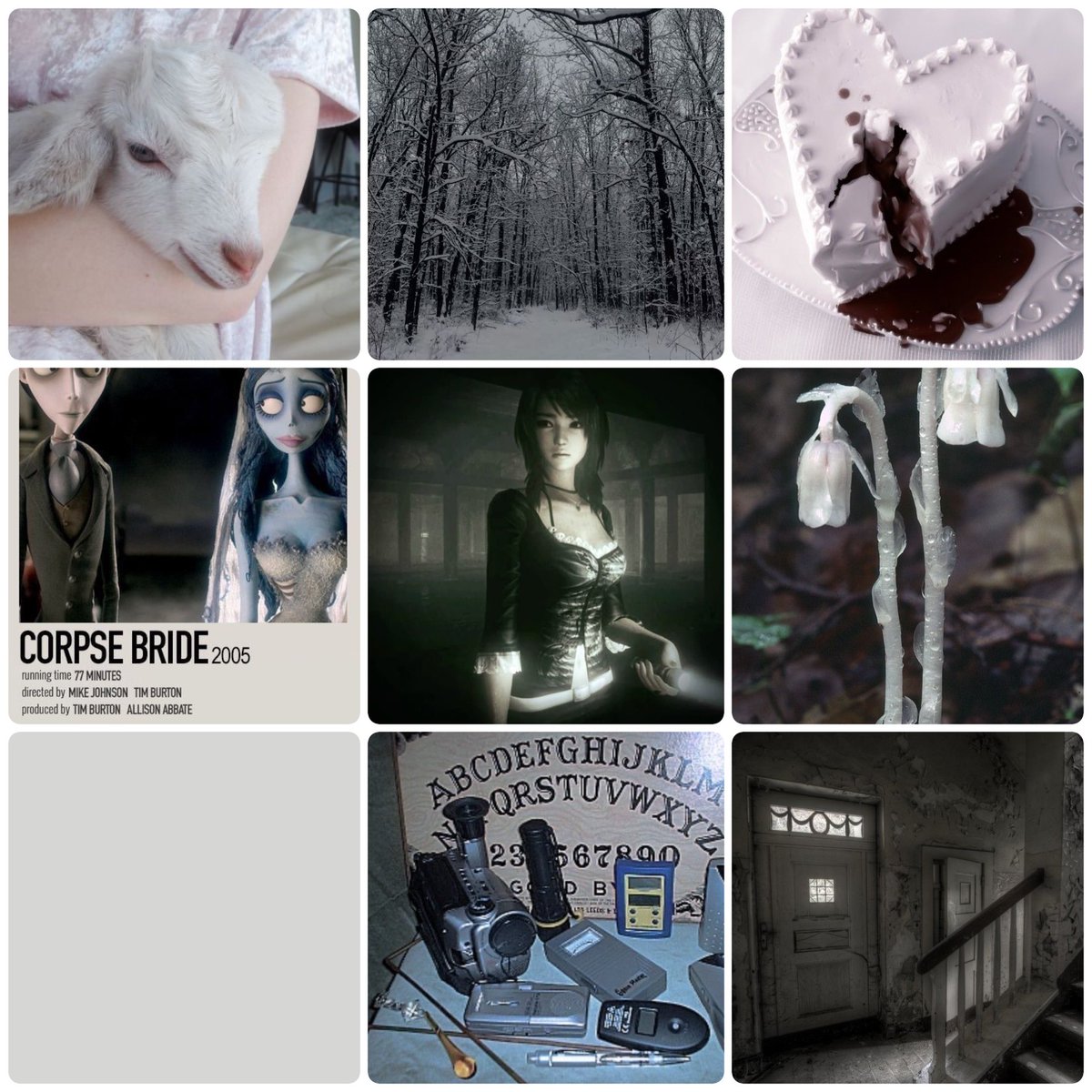 pocketgfie's tweet photo. @sveltelina lamb, winter, this cute cake, corpse bride, yuri kozukata from fatal frame, Indian pipe flower, cool grey, ghost hunter, abandoned place https://t.co/vrXf9ZNaIz