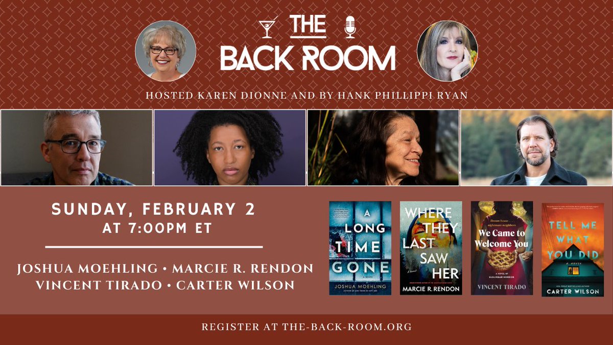 Join me and <a href="/HankPhillippi/">Hank Phillippi Ryan</a> this Sunday at 7 PM ET in the Back Room to chat up close and Zoom personal with these four fabulous authors! If you've never been to a Back Room event, this would be a great time to give our unique format a try! Register at the-back-room.org/february-2-202…