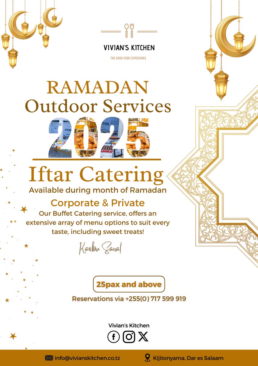 Vivians_Kitchen's tweet photo. Ramadan Season, 2025 
✨ 🌙 ❤️
We Are Ready To Serve You!

Karibu sanaa @vivians__kitchen for all your catering needs during this season #Ramadan2025
For menu, pricing &amp; bookings, kindly Call or WhatsApp us via 0717599919 https://t.co/NvN8Y3intl