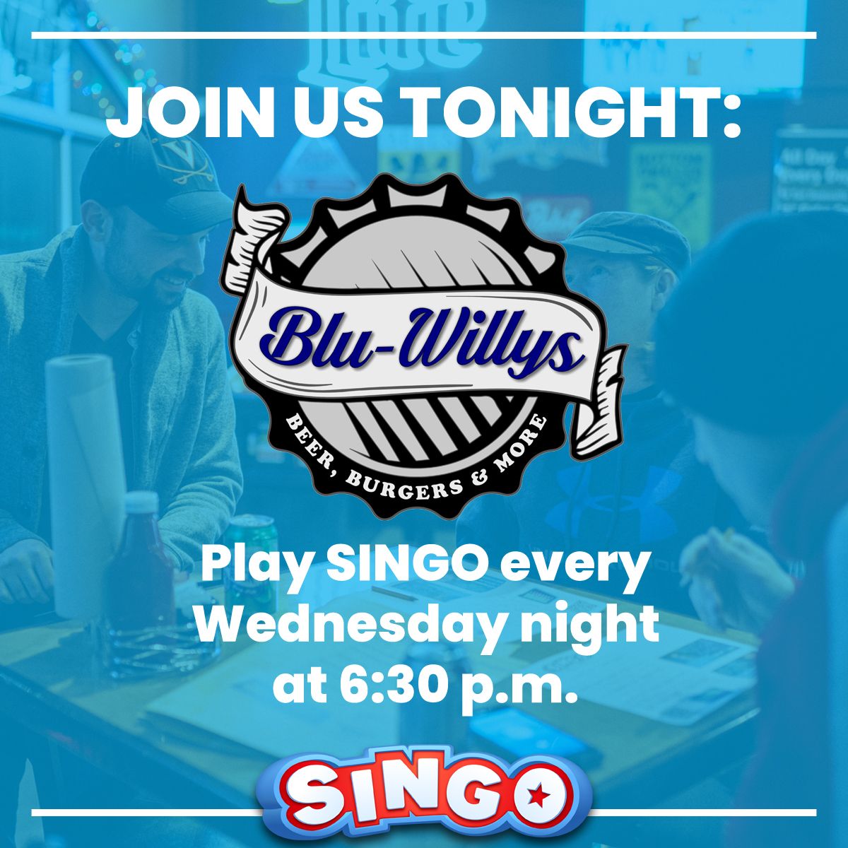 Play #Singo at @bluwillys starting at 6:30 every Wednesday! Cross of the songs as they play until you get 5-in-a-row, two sets of 5-in-a-row, or a total blackout for prizes!