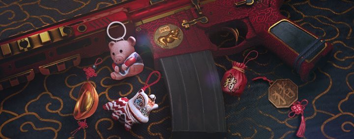 Bandoleone's tweet photo. @KudosOnYT @Ubisoft_UK Fav R6 skin is the Year of the Pig weapon skin that came out in y3s4. Not only does It look great on every weapon available, it has a lot of nostalgic and sentimental value. It was the first purchased skin I got in siege that my friend got me after playing a year together. https://t.co/RPiNVc2FoF