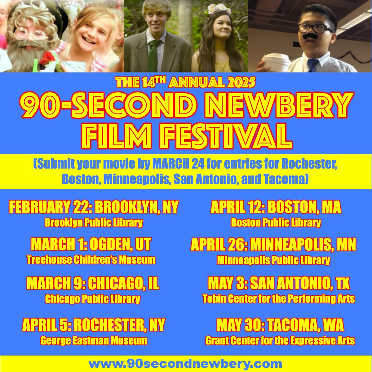James Kennedy (@iamjameskennedy) on Twitter photo Get your FREE tix to my <a href="/90secondnewbery/">90-Second Newbery</a> film Festival! Kids make short movies that tell the entire stories of Newbery-winning books. We're coming to Brooklyn, Chicago, Boston, Minneapolis, San Antonio, Ogden UT, Rochester NY, + Tacoma WA. Details: jameskennedy.com/2025/01/12/scr… Get your FREE tix to my <a href="/90secondnewbery/">90-Second Newbery</a> film Festival! Kids make short movies that tell the entire stories of Newbery-winning books. We're coming to Brooklyn, Chicago, Boston, Minneapolis, San Antonio, Ogden UT, Rochester NY, + Tacoma WA. Details: jameskennedy.com/2025/01/12/scr…