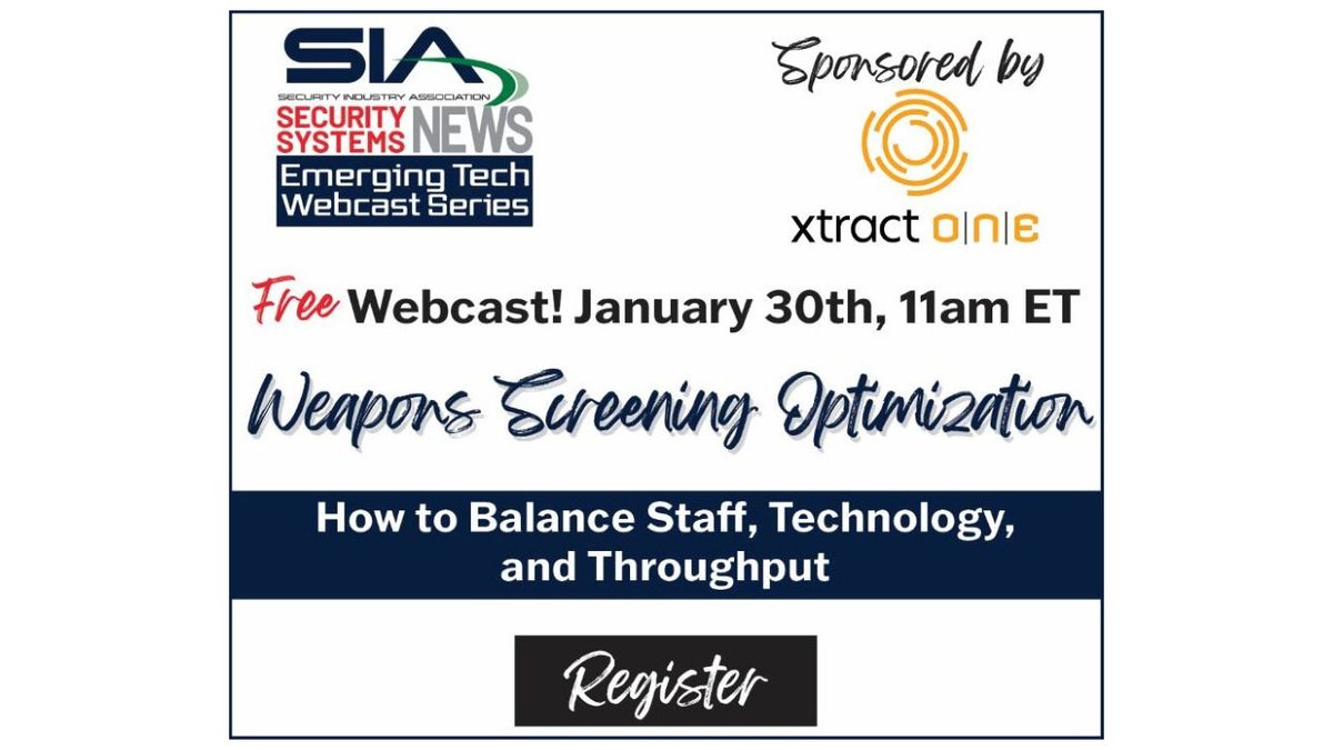 Security Industry Association (SIA) (@siaonline) on Twitter photo ⚠️Jan. 30: Join SIA and <a href="/SSN_Talks/">Security Systems News</a> for a webinar on #weaponsscreening optimization!
✨In this session supported by <a href="/XtractOne/">Xtract One</a>, learn how to effectively balance staff, technology and throughput.
🔗RSVP: securityindustry.org/webinar/weapon… #securityindustry ⚠️Jan. 30: Join SIA and <a href="/SSN_Talks/">Security Systems News</a> for a webinar on #weaponsscreening optimization!
✨In this session supported by <a href="/XtractOne/">Xtract One</a>, learn how to effectively balance staff, technology and throughput.
🔗RSVP: securityindustry.org/webinar/weapon… #securityindustry