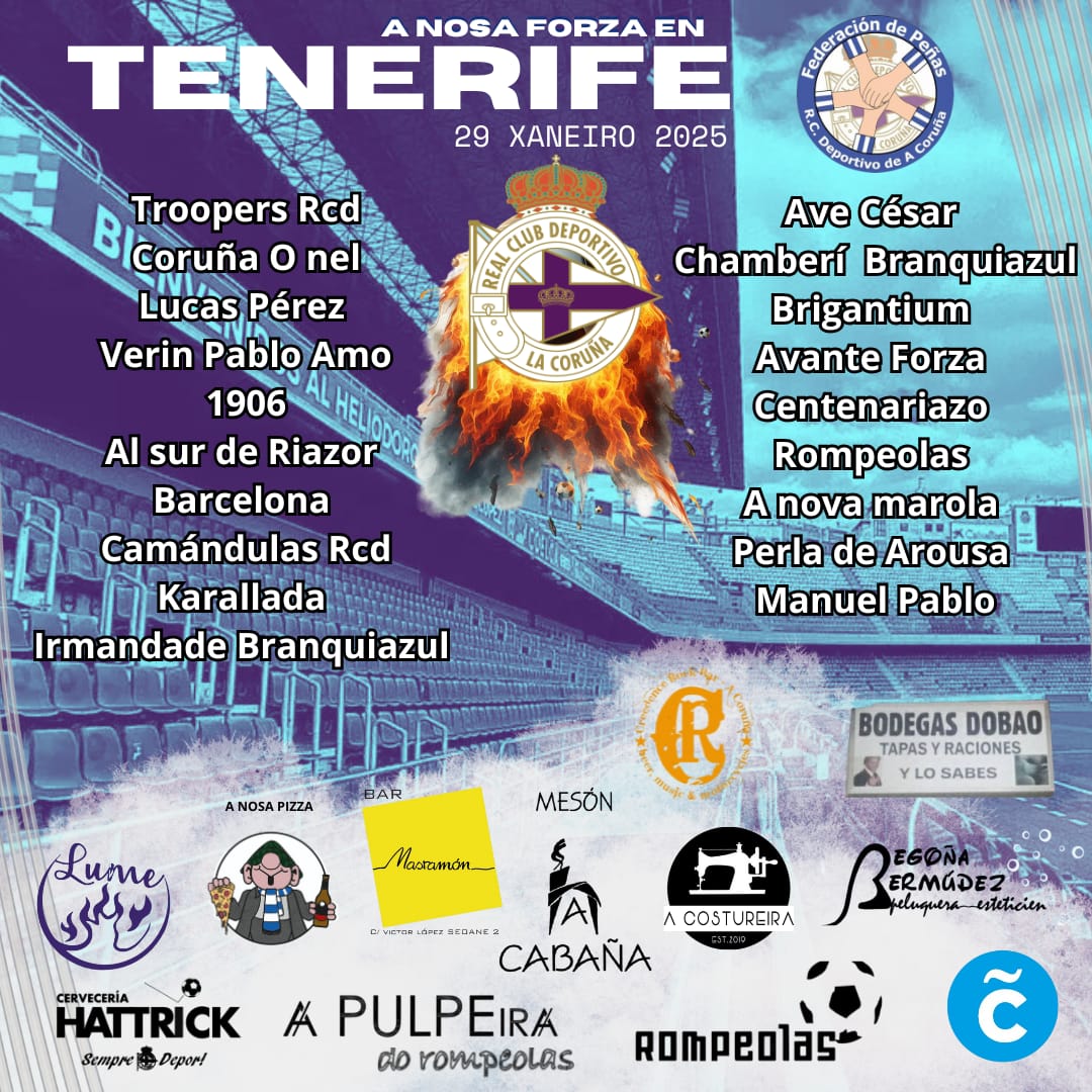 Aprazaron o partido, xogamos entre semana un mércores as 21:00, en Tenerife a centos e centos de kilómetros da casa. Pero o Dépor segue arroupado pola súa xente!! Estas son as peñas presentes en Tenerife. Imos a polos 3 puntos! Dale dale dale dale Dé!! Fórza Dépor!!💙🤍💙🤍💙🤍