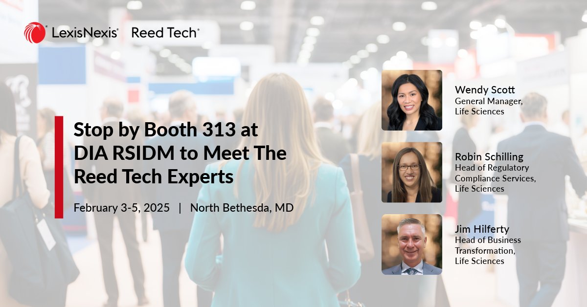 ReedTechLifeSci's tweet image. LexisNexis Reed Tech will be attending DIA #RSIDM25 next week! If you are there, please stop by our booth #313 to learn about the exciting updates going on within our Life Sciences organization. To schedule time with our experts in advance, reach out to pharma@reedtech.com.