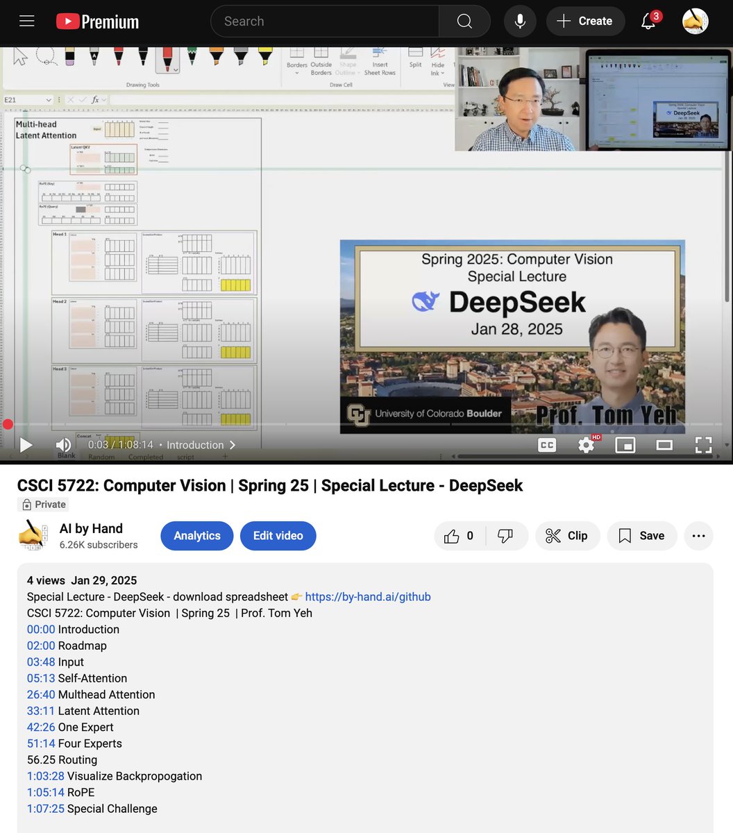 DeepSeek lecture is edited and uploaded 👉 by-hand.ai/dpseek ~ Thank you all 🙏 for attending my public lecture yesterday. In one hour, I managed to build a simplified DeepSeek model in Excel in front of a live audience of 3000+ people.