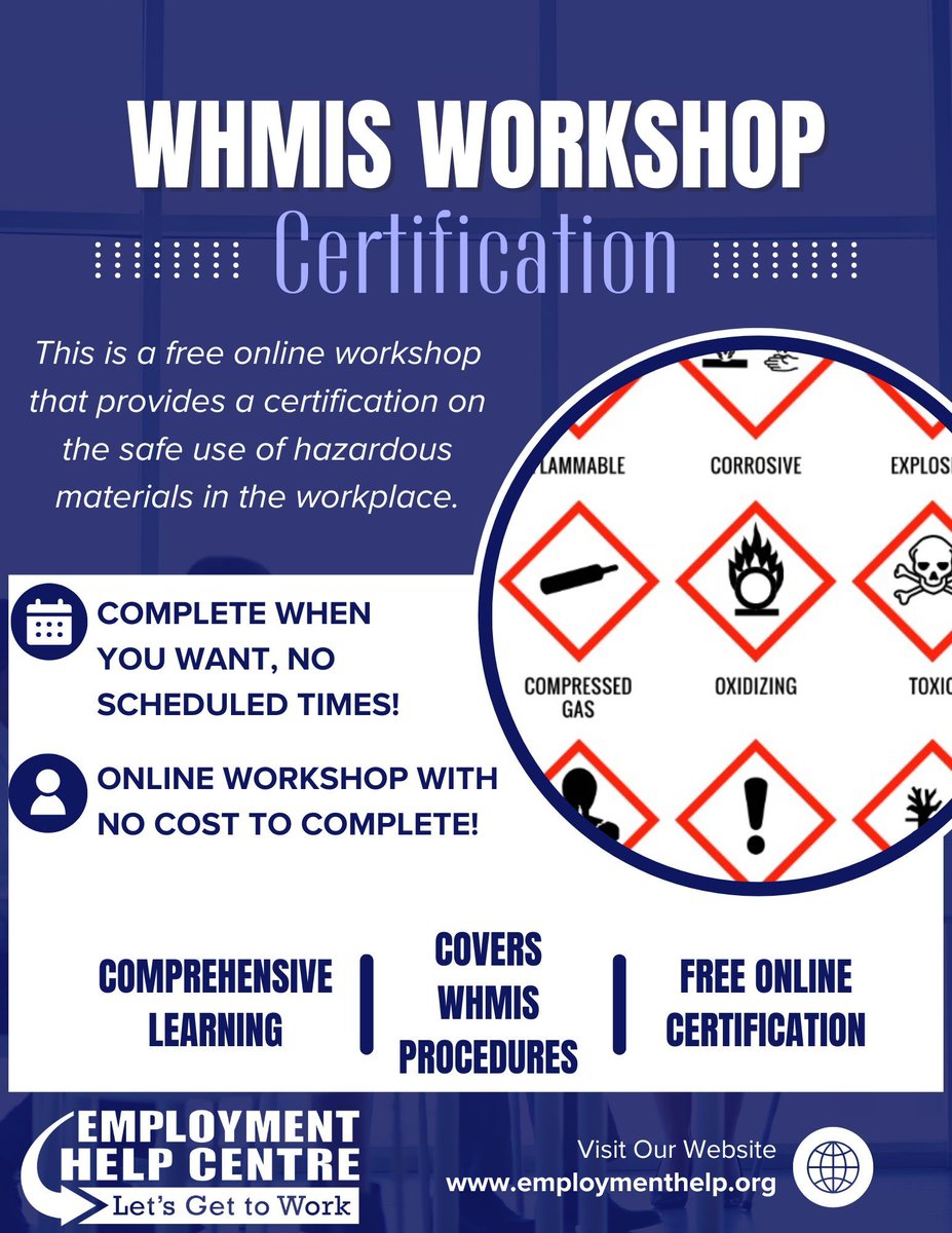 Looking to get a WHMIS certification to add to your resume? Explore this free online workshop that provides you with a WHMIS certification upon completion. See here for more information: buff.ly/4dmxfqw