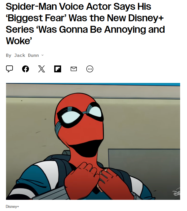 theserfstv's tweet photo. After every "anti-woke" outrage peddler and fake gamer channel already ripped into the new Spiderman cartoon (because the trailer featured non-white people) turns out the voice actor was one of them all along and they had already shit on one of their own https://t.co/OKoaZOx0Ez