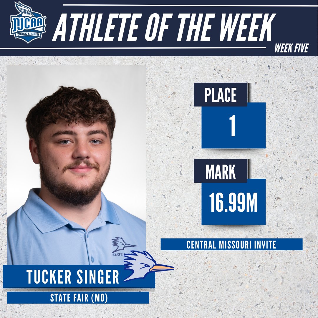 NJCAAXCTF's tweet photo. Back-to-Back Golds🥇 

Tucker Singer of @sfccmoAthletics has been named the #NJCAATF Men's Indoor Athlete of the Week.  

Singer claimed first in the Central Missouri Invite Shot Put against a largely four-year field.  

#NJCAAPOTW https://t.co/iKq0FyAR74