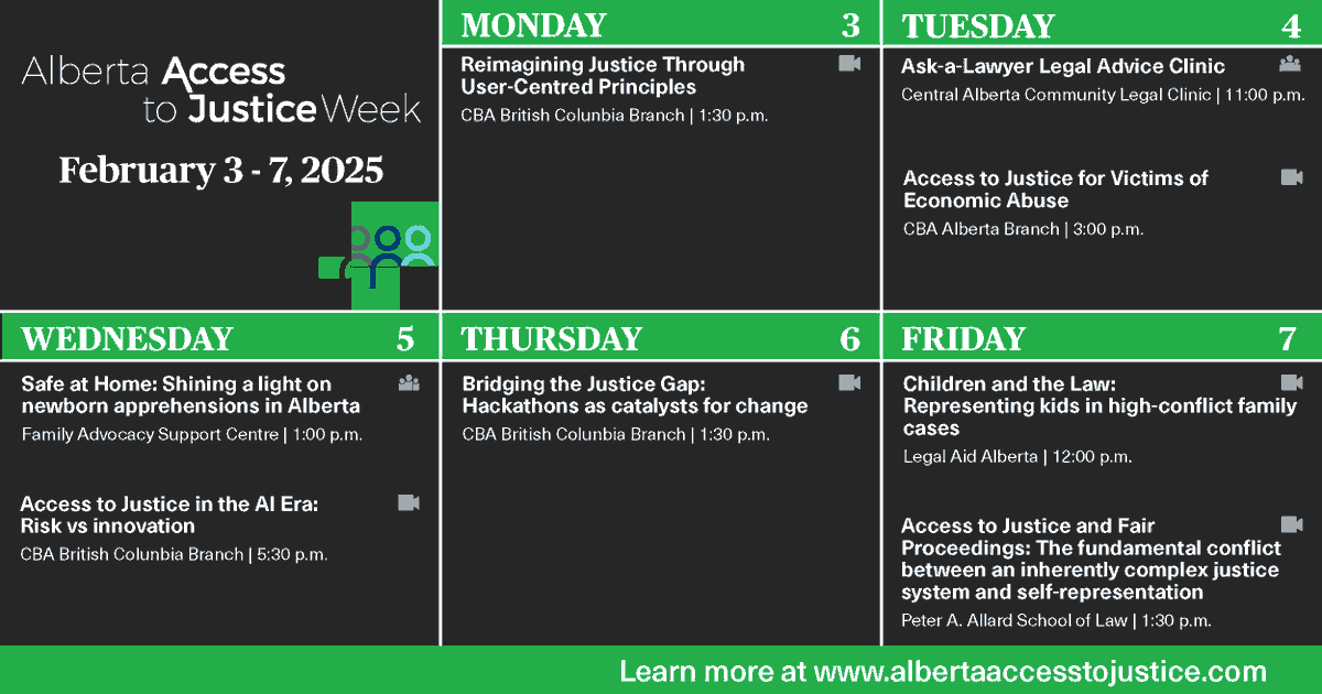 CBAAlberta's tweet photo. Alberta Access to Justice Week is next week!
Check out our calendar for a full lineup of events and activities hosted by justice sector organizations. Join us in raising awareness and breaking down barriers to justice. Learn more: https://t.co/IoaH6Wa97L #A2JWeek https://t.co/zAGX4WUe7j