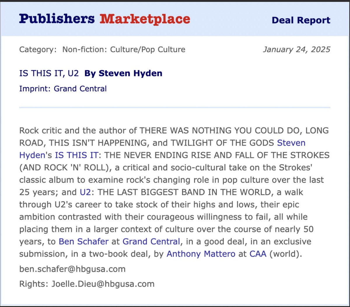 Hey, I'm psyched to announce that I am spending the next few years writing two books of good old fashioned rock criticism! 

The first is on The Strokes and their 2001 debut IS THIS IT (which drops in 2026) and the second is about the entire career of U2 (out in 2028)!