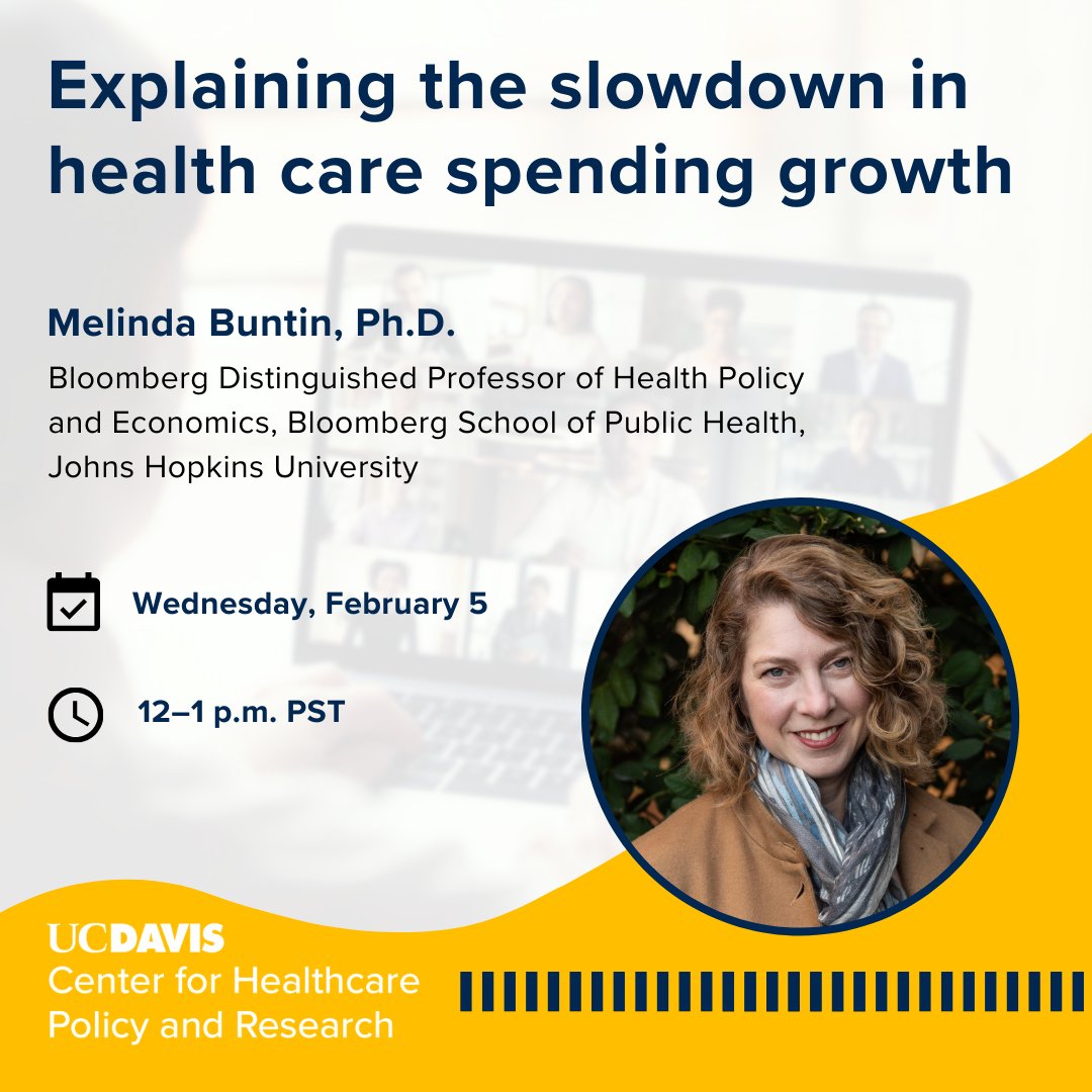 UC Davis Center for Healthcare Policy and Research (@ucd_chpr) on Twitter photo On Feb. 5, we're excited to welcome <a href="/JohnsHopkinsSPH/">Johns Hopkins Bloomberg School of Public Health</a>'s <a href="/MelindaBBuntin/">Melinda B. Buntin</a> for an in-depth look at US health spending. She will review perspectives about the role of economic, insurance, delivery system, and other factors in driving spending growth. Register: ucdavishealth.zoom.us/meeting/regist… On Feb. 5, we're excited to welcome <a href="/JohnsHopkinsSPH/">Johns Hopkins Bloomberg School of Public Health</a>'s <a href="/MelindaBBuntin/">Melinda B. Buntin</a> for an in-depth look at US health spending. She will review perspectives about the role of economic, insurance, delivery system, and other factors in driving spending growth. Register: ucdavishealth.zoom.us/meeting/regist…