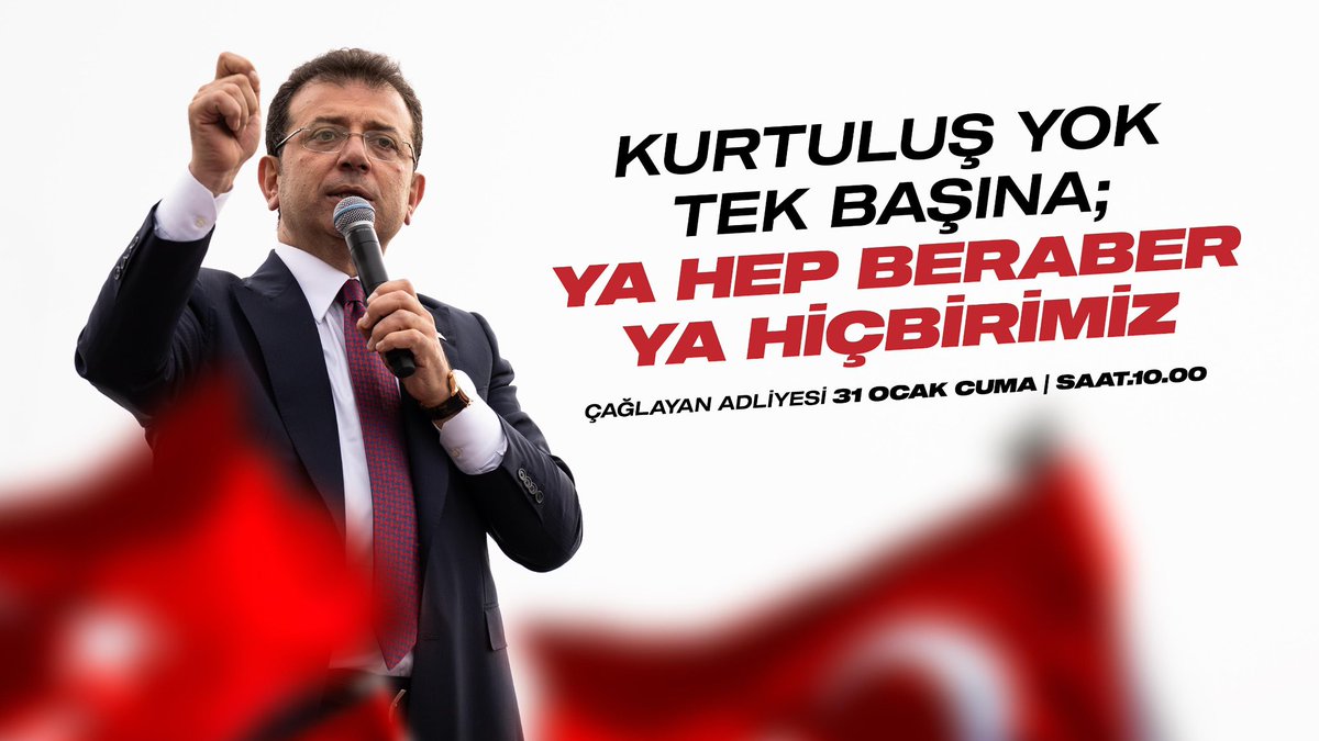 cm_aydin's tweet photo. İfadeye çağrılan sadece İstanbul'un Başkanı Ekrem İmamoğlu değildir.  Aynı zamanda onu destekleyen milyonlardır. 

Cuma günü hep beraber Çağlayan Adliyesi'ndeyiz.

Çünkü; "Kurtuluş yok tek başına. Ya hep beraber, ya hiçbirimiz!" https://t.co/WCa6KNkdQQ