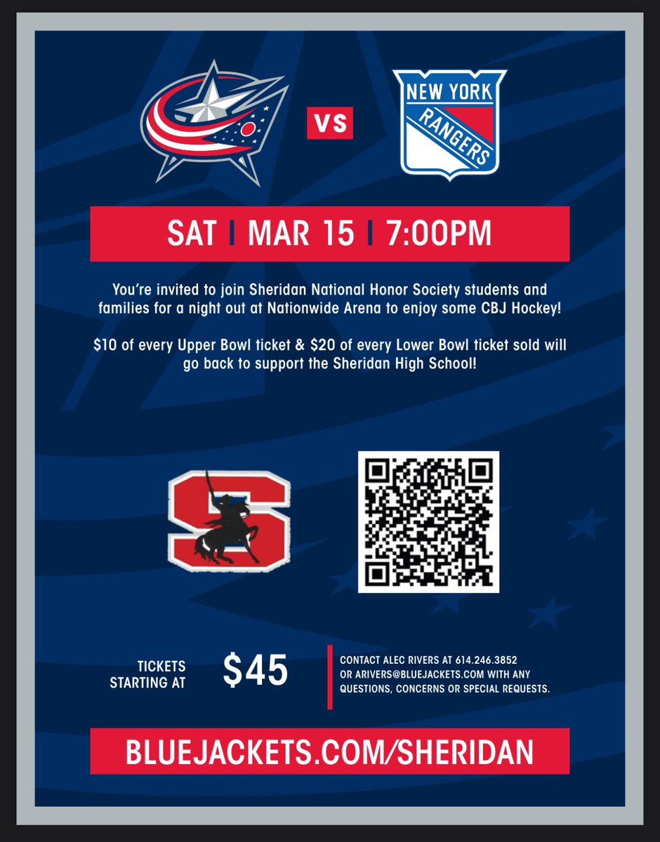 NHS is selling tickets to FOUR Blue Jackets Games! The first one is March 15; click on the link to purchase tickets and to support NHS students🏒

bluejackets.spinzo.com/?group=sherida…