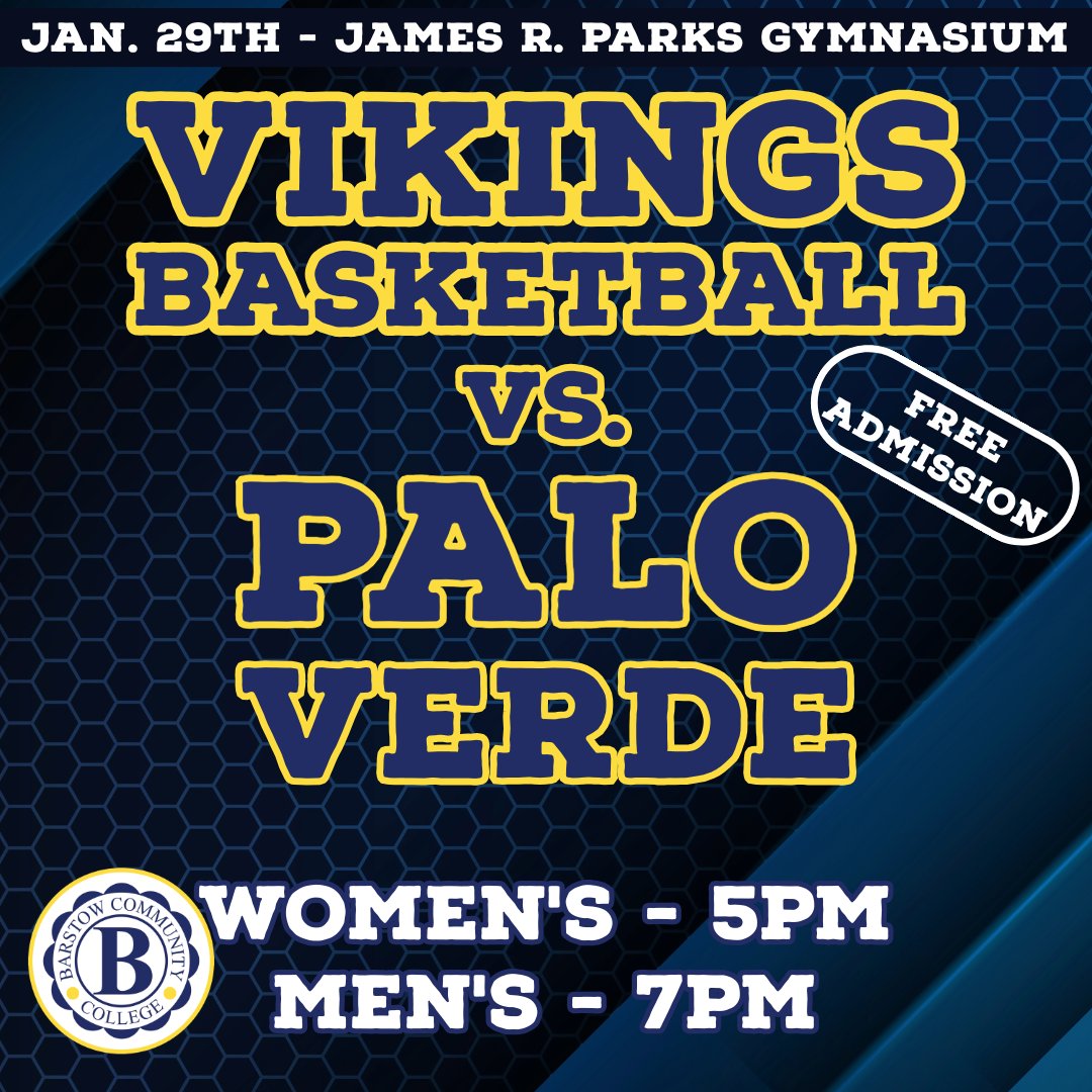 Come on down and cheer on our Men &amp; Women Vikings Basketball teams as they take on Palo Verde! Games at 5pm &amp; 7pm! Show that Viking Pride with us! Remember, Admission is FREE!

Let's Go VIKINGS!

#vikings #basketballball #bcc #barstow #paloverdecollege