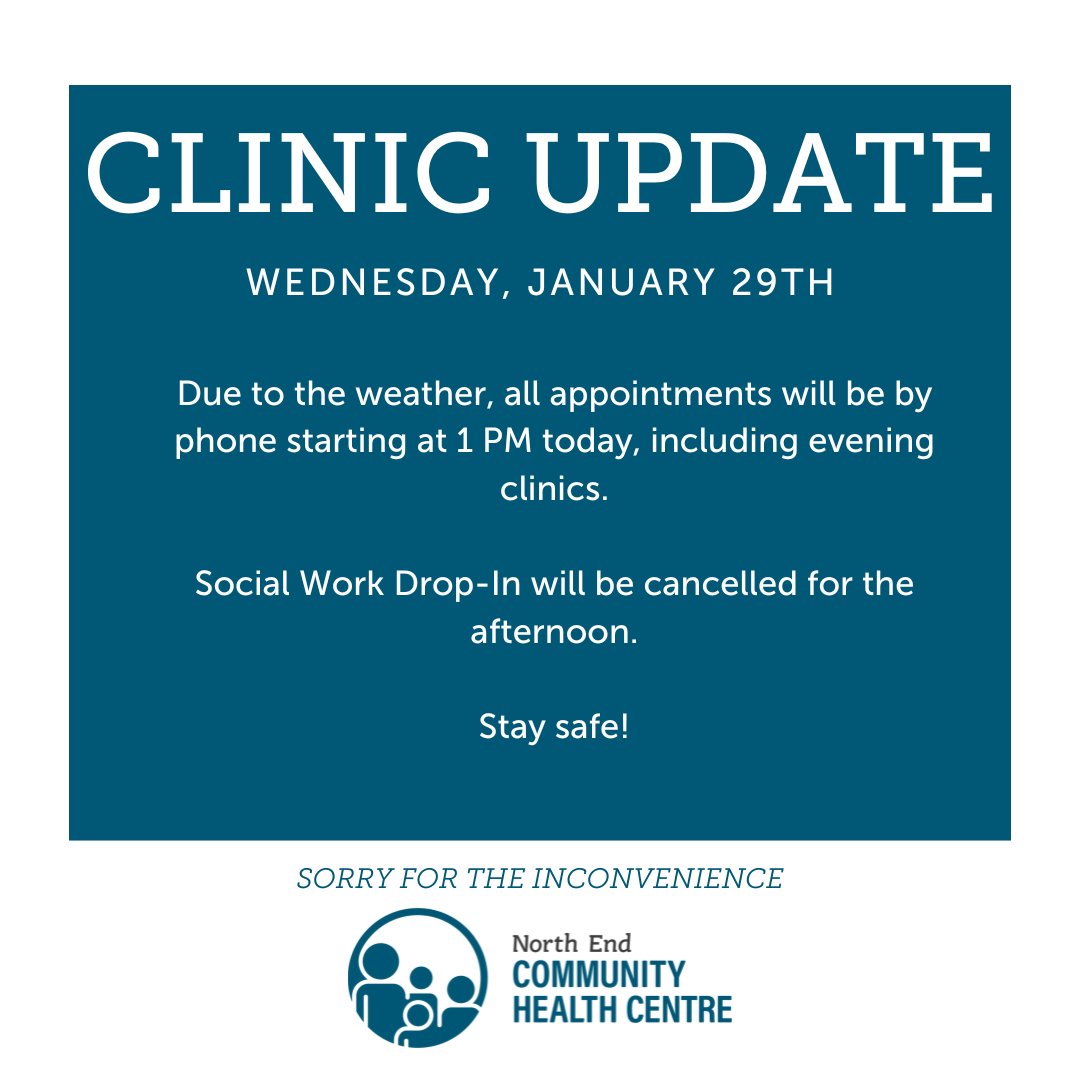 🚨 Clinic Update 🚨
Due to the weather, all appointments will be moved to phone appointments starting at 1 PM today, including evening clinics.
The Social Work Drop-In is cancelled.
We apologize for any inconvenience this may cause.
Stay safe!