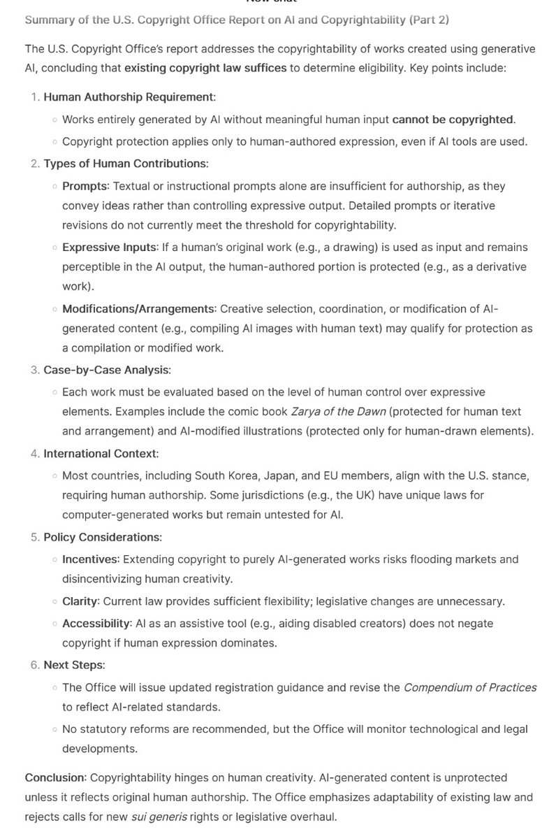 newsjunkieww3's tweet photo. The U.S. Copyright Office report: 
Copyright and Artificial Intelligence
Part 2: Copyrightability
January 2025 
pdf: https://t.co/HPdINYcj8L
Summary by DeepSeek: https://t.co/bmcmGeWDO3