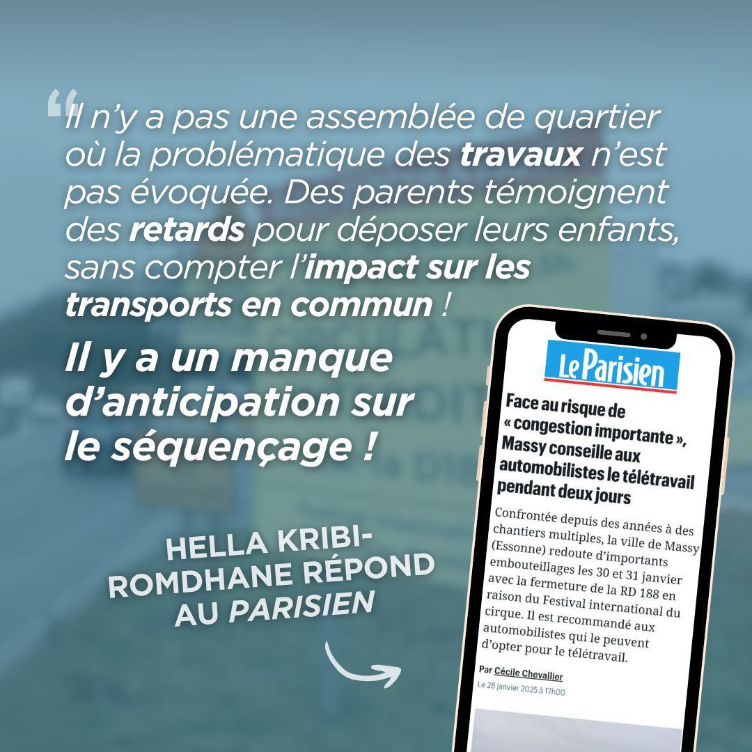 JOURNÉES NOIRES À MASSY LES 30 ET 31 JANVIER

Manque d’anticipation, désorganisation du séquençage des travaux, non respect des engagements consistant à faire une « pause » dans la betonisation de notre ville…

 Ma réaction dans le <a href="/leparisien/">Le Parisien</a> du jour :  leparisien.fr/essonne-91/fac…