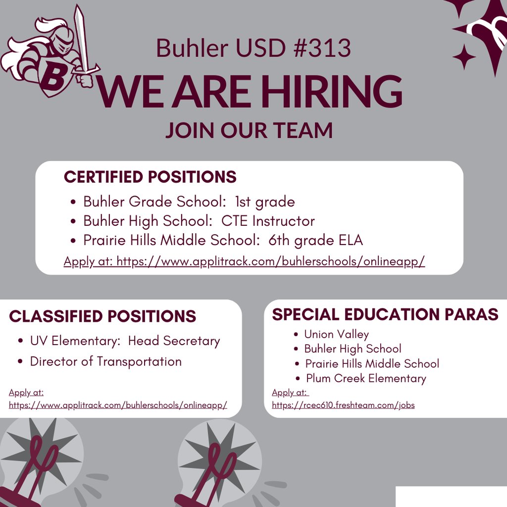 We are hiring!  Our para positions and secretary position are for immediate hire.  The other positions are for next school year.  For more positions including coaching opportunities, check our website out at:  applitrack.com/buhlerschools/…