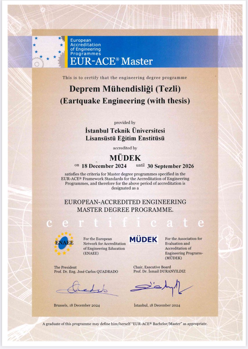 İTÜ’den Bir İlk: Lisansüstü Programlarımıza MÜDEK Akreditasyonu EUR-ACE (European Accredited Engineer) Etiketi.

Türkiye’de bir ilk olarak, Mühendislik Eğitim Programları Değerlendirme ve Akreditasyon Derneği (MÜDEK) tarafından akredite edilen İTÜ Afet Yönetim Enstitüsü Deprem